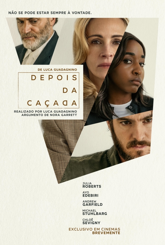 Cartaz de divulgação do filme. Sobre fundo branco, colagem de quatro retratos de pessoas, todas com expressões sérias. No canto superior esquerdo, um homem branco, de cabelo curto, olhos castanhos e barba grisalha. Ao centro, uma mulher branca, de cabelo loiro, comprido e ondulado e olhos castanhos. À direita, uma jovem adulta negra, de cabelo preto, liso e na altura dos ombros, olhos castanhos e piercing no septo nasal. Abaixo dela, um homem branco de cabelo, olhos e barba castanhos. No topo do cartaz, em preto: “Nem tudo foi feito para te deixar confortável”. Ao centro, do lado esquerdo, em letras pretas: “De Luca Guadagnino. Dirigido por Luca Guadagnino. Escrito por Nora Garrett”. Em dourado: “Depois da caçada”. No lado inferior direito do cartaz, em preto, o elenco: “Julia Roberts, Ayo Edebiri, Andrew Garfield, Michael Stuhlbarg e Chloé Sevigny”.